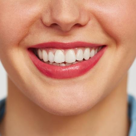 Armonización Orofacial 8 Close-up shot of female face with charming toothy smile against white background